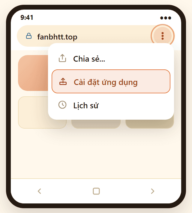 Màn hình Android với menu ba chấm được khoanh tròn và menu đang mở, mục Cài đặt ứng dụng được tô sáng